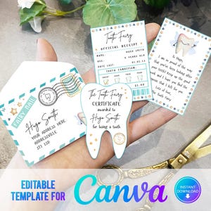 Canva, Mini set de hada de los dientes para imprimir en azul con sobre, recibo y carta de hada, descarga instantánea y set de hada de los dientes totalmente editable
