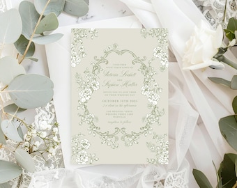 Canva Sage Green Wedding Invitation, Floral Wedding Invite, Green and White, Elegant Wedding Invite Template, Vintage Style, TS
