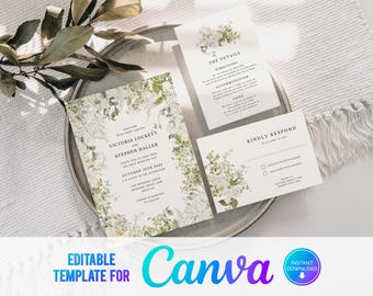 Canva Green and White Floral Wedding Invitation, Greenery, White Flowers, Elegant Wedding Invite Template, Green Wedding, Green and White