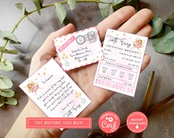 Printable Mini Tooth Fairy Set Pink with envelope, receipt and fairy letter, Instant Download and fully editable tooth fairy set