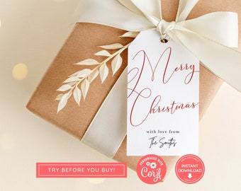 Christmas Gift Tag, Printable Holiday Tag, Print at home Gift Tag, Editable, Personalised Calligraphy Christmas Tag, Modern Tag, Template