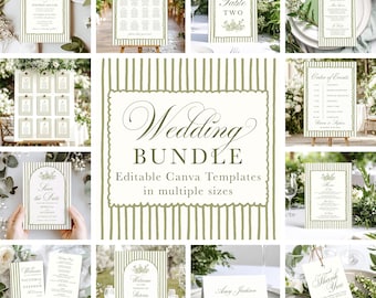 Paquete de invitaciones de boda con rayas verdes de Canva, plantilla elegante, invitación de estilo vintage, paquete de boda verde salvia, GS