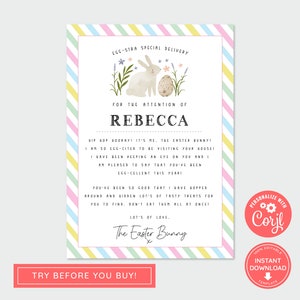 Descarga instantánea de carta de conejito de Pascua editable, carta personalizada del conejito de Pascua, plantilla imprimible, Pascua pastel imprimible