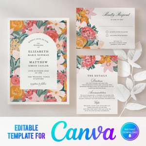 Canva Peach Floral Wedding Invitation, Pink, Orange, Summer Flowers, Summer Wedding Invite Template, Colourful Flowers, Pink Invitation PS