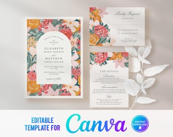 Invitación de boda con flores de Canva Peach, rosa, naranja, flores de verano, plantilla de invitación de boda de verano, flores coloridas, invitación rosa PS