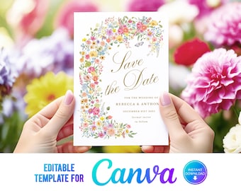 Canva Summer Flowers Save the Date, Bright Floral Save the date,  Summer flowers, Modern Save the Date, Printable Template SF