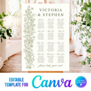 Canva groen bruiloft zitplaatsen tabel, bloemen tafelplan, bosrijke bloemen, elegante bruiloft sjabloon, saliegroen, handgetekende, elegante CG