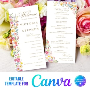 Op de afbeelding: Bewerkbare sjabloon voor een huwelijksceremonieprogramma met een bloemige rand. De sjabloon bevat de tekst "Welkom op de bruiloft van Victoria & Stephen" en geeft de volgorde van de gebeurtenissen voor de ceremonie weer. De sjabloon is ontworpen voor gebruik met Canva.