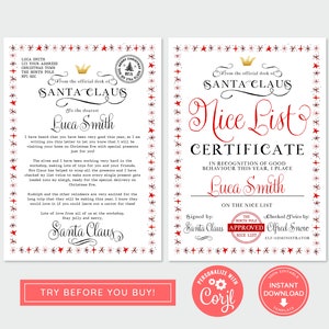 Instant Download Editable Santa Letter and Nice List Certificate, Personalised Letter from Santa, Printable Template Santa Letter