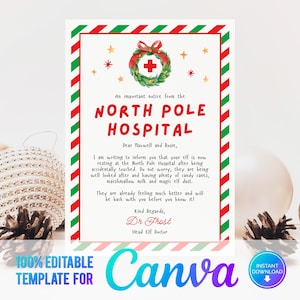 Nota de hospital de elfo de Canva, elfo editable, elfo navideño estoy enfermo, nota del médico para elfo afectado, magia perdida, magia restaurada, descarga imprimible