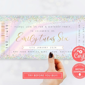 Holografische Glitzer-Einladungskarte für jedes Alter, Regenbogen-Glitzer-Einladung, bearbeitbarer Druck zu Hause, Pastell-Party, Ombre bunt
