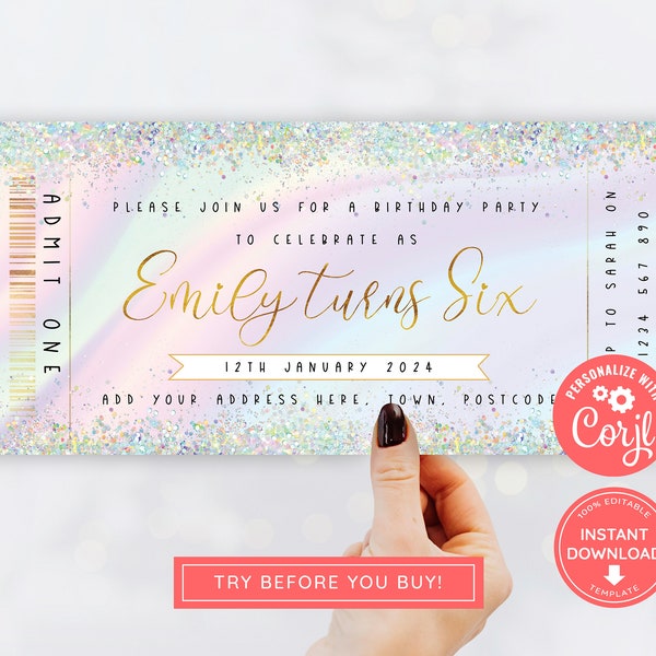 Any Age Holographic Glitter Invitation Ticket, Rainbow Sparkle Invite, Editable Print at home, Pastel Party, Ombre Colourful