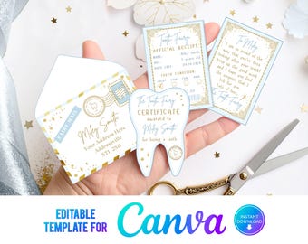 Canva, Printable Mini Tooth Fairy Set Blue with envelope, receipt and fairy letter, Instant Download and fully editable tooth fairy set