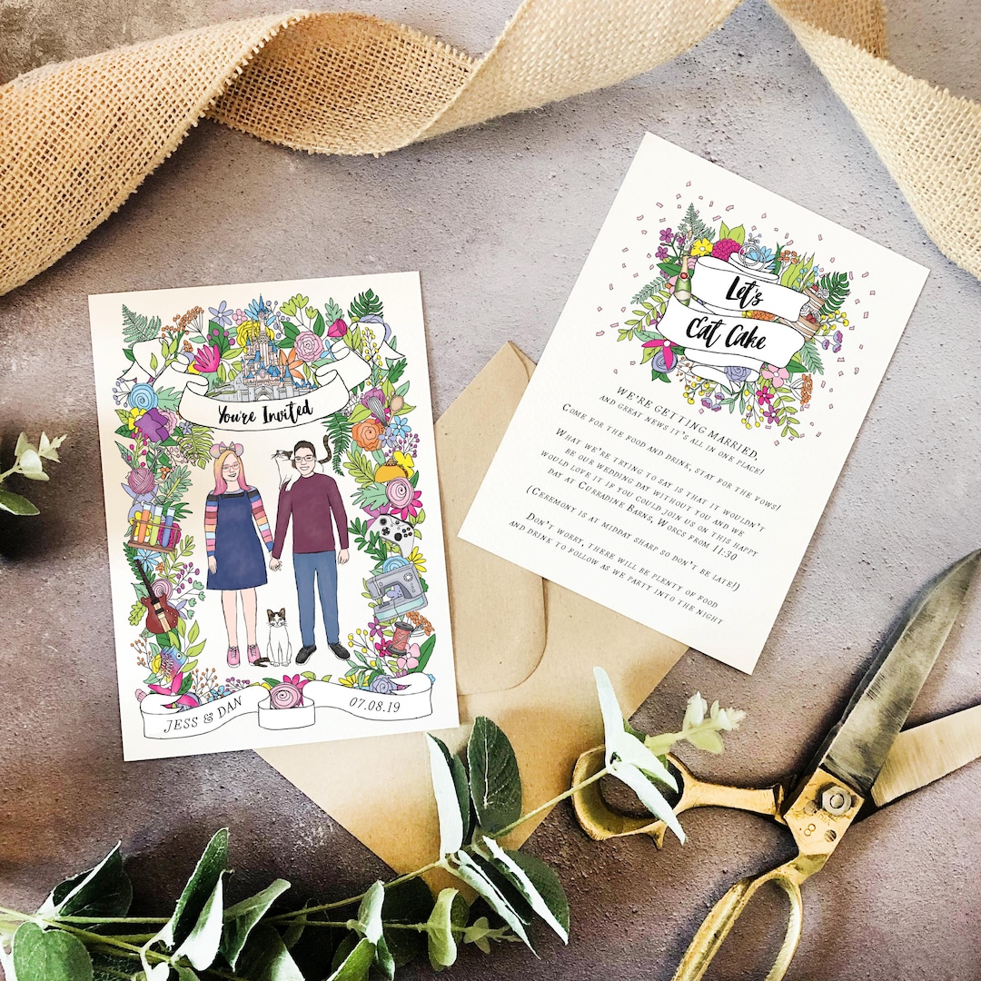 Bespoke Wedding Invite Invite, Hand Drawn Couple Portrait, Venue ...