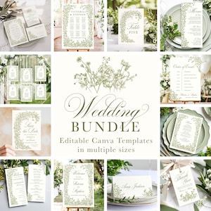 Canva groen bruiloft uitnodigingsbundel, bloemen bruiloft, wilde bloemen, elegante sjabloon, saliegroen, handgetekend, bruiloft bundel set, CF