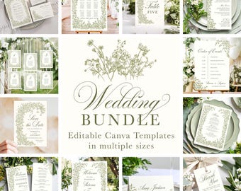 Canva Greenery Wedding Invitation Bundle, Floral Wedding, Wildflowers, Elegant Template, Sage Green, Hand Drawn, Wedding Bundle Set, CF