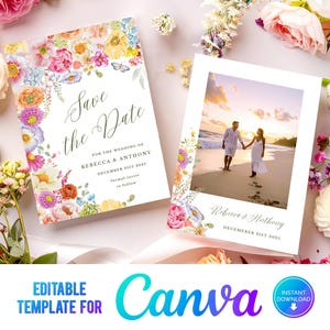 May include: Two wedding invitation cards. One card has a floral border and the text "Save the Date". The other card has a photo of a couple on a beach. The text "Rebecca & Anthony" and "December 31st 2023" are also visible. The words "Editable Template for Canva" are at the bottom.
