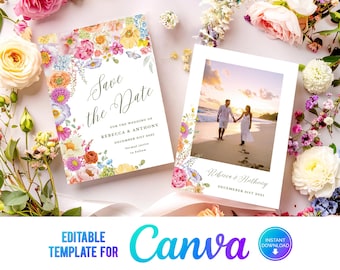 Canva Summer Flowers Save the Date, Bright Floral Save the date,  Pastel Floral, Summer flowers, Modern Save the Date, Printable Template SG