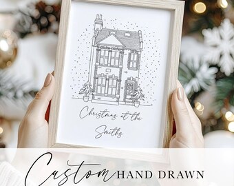 Christmas House Hand Drawn Sketch, Digital File, Home Drawing, Custom Gift Illustration, Christmas Card Bespoke, Hand drawn line drawing