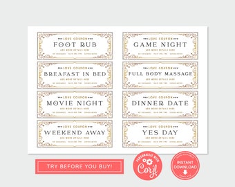 Editable Printable Love Coupons, Small Valentines Vouchers, Gold Love Tokens, Love Coupon Valentines Gift, For Him, For Her, Print at Home