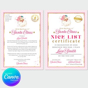 Carta de Papá Noel rosa editable con descarga instantánea y certificado de lista de buenos deseos, carta personalizada de Papá Noel, plantilla imprimible de Canva