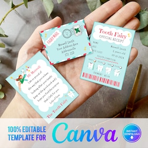 Canva, Mini Juego de Hada de los Dientes imprimible azul con sobre, recibo y carta de hada, Descarga instantánea y juego de Hada de los Dientes totalmente editable