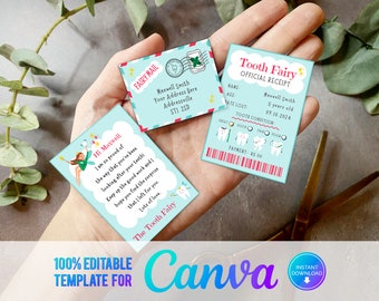 Canva, Printable Mini Tooth Fairy Set Blue with envelope, receipt and fairy letter, Instant Download and fully editable tooth fairy set