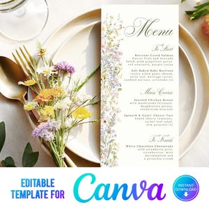 Menu de mariage Canva fleurs sauvages, menu de mariage floral, fleurs sauvages, mariage élégant, modèle, pastel, jardin de mariage, menu alimentaire DL, 4 x 9, WM