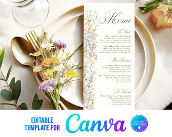 Canva Wildflowers Wedding Menu, Floral Wedding Menu, Wild Flowers, Elegant Wedding, Template, Pastel, Garden Wedding, Food Menu DL, 4X9, WM
