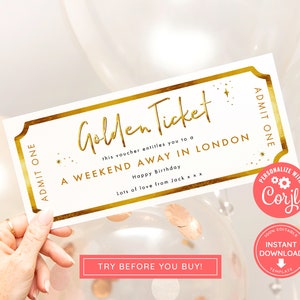 Bearbeitbares Ereignis Goldenes Ticket, Drucken zu Hause Geburtstagsgutschein, Digitaler Geschenkgutschein, Überraschungsticket, Goldgutschein, Geschenk
