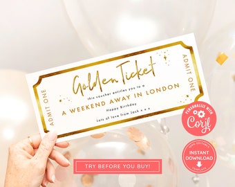 Editable Event Golden Ticket, Print at home Birthday Voucher, Digital Gift Voucher, Surprise Ticket, Gold Voucher, Gift
