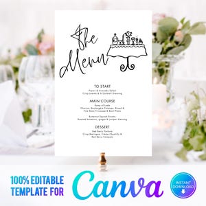 Canva Hochzeitsmenüvorlage, Speisekarte, Hochzeitsschild, Druck zu Hause, modernes Hochzeitsmenü, bearbeitbares Hochzeitsmenü, Schwarzweiß-versandt