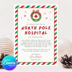 Nota de hospital de elfo, elfo editable, elfo navideño "estoy enfermo", nota del médico para elfo afectado, magia perdida, magia restaurada, plantilla de Canva para elfo