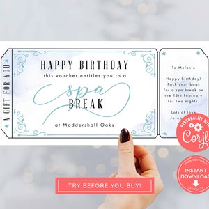 Editable Spa Voucher Ticket, Print at home Birthday Voucher, Digital Gift Voucher, Surprise Ticket, Spa Break, Blue Voucher, Spa Day