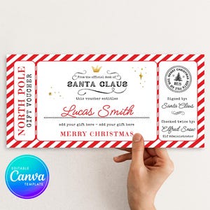 Vale regalo de Navidad del Polo Norte, cupón regalo, vale regalo para imprimir en casa, regalo de última hora, regalo de Papá Noel, plantilla Canva