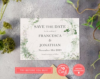 Delicate Greenery Editable Wedding Save the Date, Instant download, Wedding Template, Green Foliage Invite, Green Leaves Foliage, ER