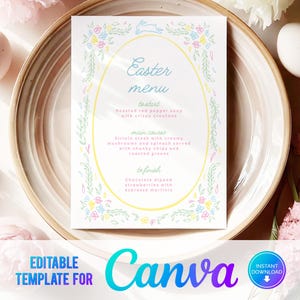Menú de Pascua editable en Canva, menú de comida de Pascua, menú de primavera, menú de cena, almuerzo de Pascua, plantilla imprimible, Pascua en colores pastel, PE