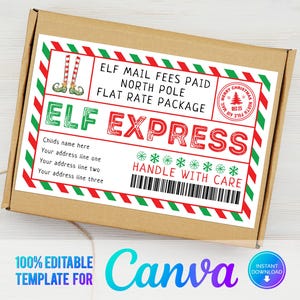Etichetta Canva Editable Elf Express, Elf Mail, Modello di consegna al Polo Nord, Etichetta scatola elfo, Etichetta di spedizione, Scatola arrivo elfo, Download immediato