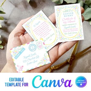Carta de conejito de Pascua en miniatura editable de Canva, certificado de conejito de Pascua, carta del conejito de Pascua, plantilla imprimible, correo de conejito, educación física