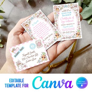 Carta de conejito de Pascua en miniatura editable de Canva, certificado de conejito de Pascua, carta del conejito de Pascua, plantilla imprimible, correo de conejito, CE