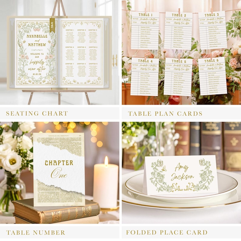 May include: A collection of wedding stationery items, including a seating chart, table plan cards, table number cards, and folded place cards. The designs feature floral accents and elegant typography in gold and cream tones. The seating chart displays the names "Annabelle and Matthew".