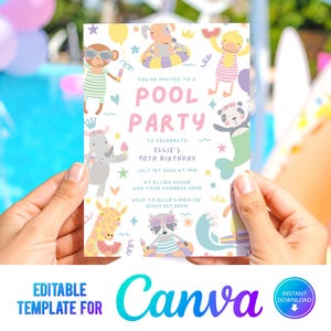 Canva Editable Pool Party Invite, Print at Home Pool Birthday Party Invitation, Summer party, Party Animals, Animal Pool Party Template