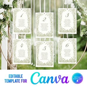 Canva groen bruiloft tafelkaart, plattegrond bloemen hangend tafel, wilde bloemen, elegante bruiloft sjabloon, saliegroen, handgetekend, CF