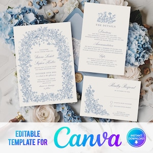Canva Blaues Laub Hochzeitseinladung, Blumenhochzeit einladen, Waldblumen, Elegante Hochzeit einladen Vorlage, Dusty Blue, Handgezeichnet, CB