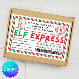 Editable Elf Express Label, Elf Mail, North Pole Delivery Template, Elf Box Label, Shipping Label, Elf Arrival Box, Instant Download, Canva