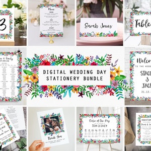 Conjunto de papelería del día de la boda de flores de colores, plano de mesa, cartel de bienvenida, menú, orden de servicio, nombres de mesa, colorido, brillante, editable BL