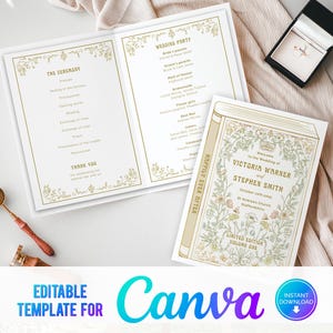 Op de afbeelding: Bruiloft briefpapier set met een trouwprogramma en een boekvormige uitnodiging. Het programma heeft gouden bloemaccenten en tekst. De uitnodiging is crèmekleurig met bloemenillustraties en de tekst "Happily Ever After".