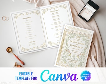 Portada de libro Canva Orden de servicio, Felices para siempre, Historia de amor, Boda de libro, Programa de boda, Art Nouveau, Folleto de Orden de Servicio VB