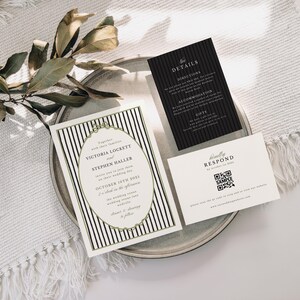 Wedding invitation set with black and white stripes and green details