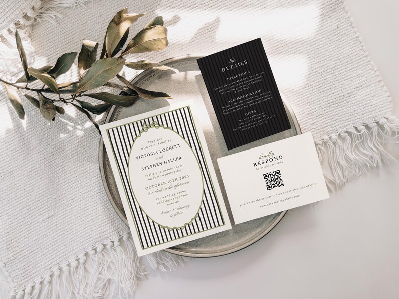 Wedding invitation set with black and white stripes and green details